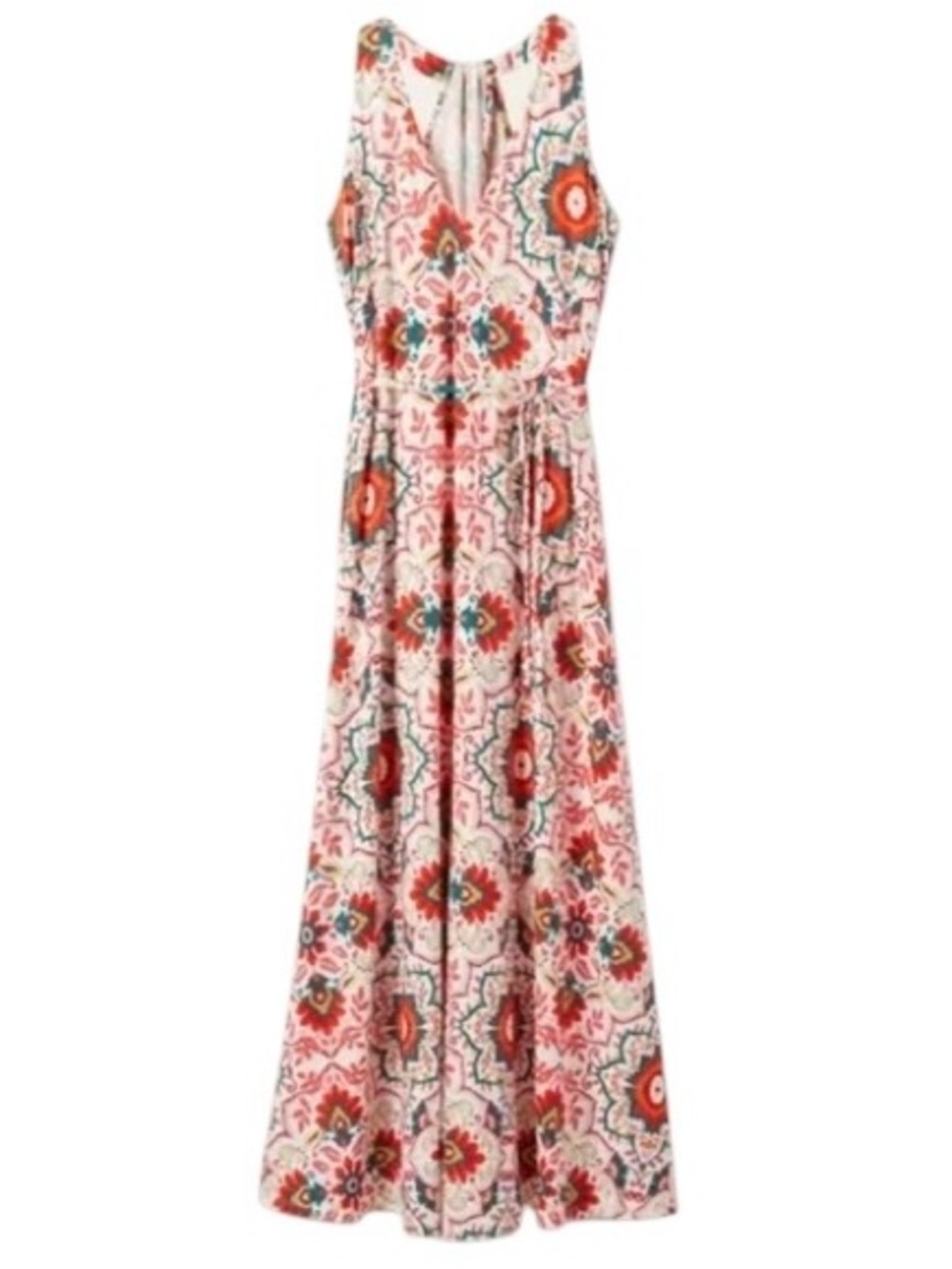 Boden Women Red Tile Print Halter Maxi Dress V-Neck Tie Waist Summer Resort 12R - Picture 2 of 13